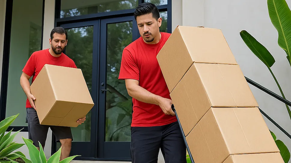 Apartment movers in Los Angeles transporting furniture with a dolly